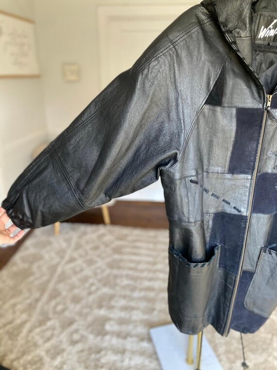 Winlit Genuine Leather Patchwork Coat Hooded Blac… - image 4