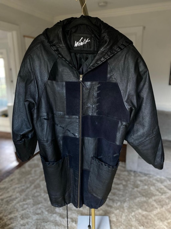 Winlit Genuine Leather Patchwork Coat Hooded Blac… - image 2