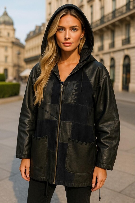 Winlit Genuine Leather Patchwork Coat Hooded Blac… - image 1