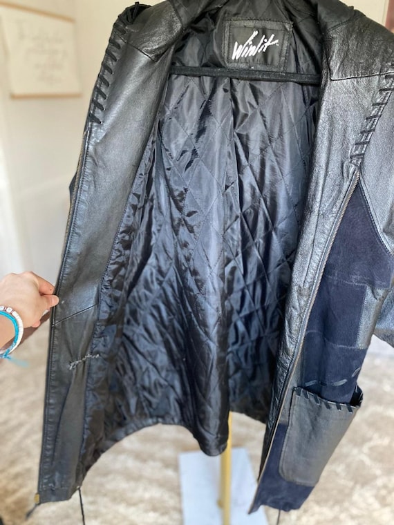 Winlit Genuine Leather Patchwork Coat Hooded Blac… - image 10