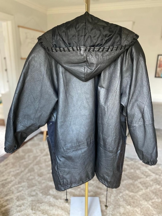 Winlit Genuine Leather Patchwork Coat Hooded Blac… - image 3