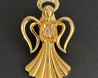 Vintage Gold Tone Angel Pin Rhinestone Halo Christmas Brooch