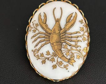 Vintage Cancer Zodiac Brooch 1970s Porcelain Lobster Crab Pin