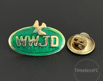 Vintage Jewelry WWJD Enamel Brooch | What Would Jesus Do Green Gold Tone Lapel Pin