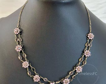 ヴィンテージジュエリー ケニー・マ作 サンフランシスコ ピンククリスタルフラワーチョーカーネックレス 約15インチ