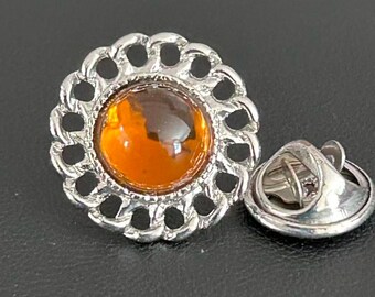 Vintage 1970s Honey Glass Cabochon Silver Tone Tie Tack Pin