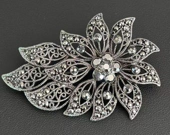 Vintage Liz Claiborne Gunmetal Gray Flower Brooch, Rhinestone Filigree Pin