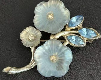 Vintage Frosted Lucite Flower Brooch Blue Rhinestone Floral Pin