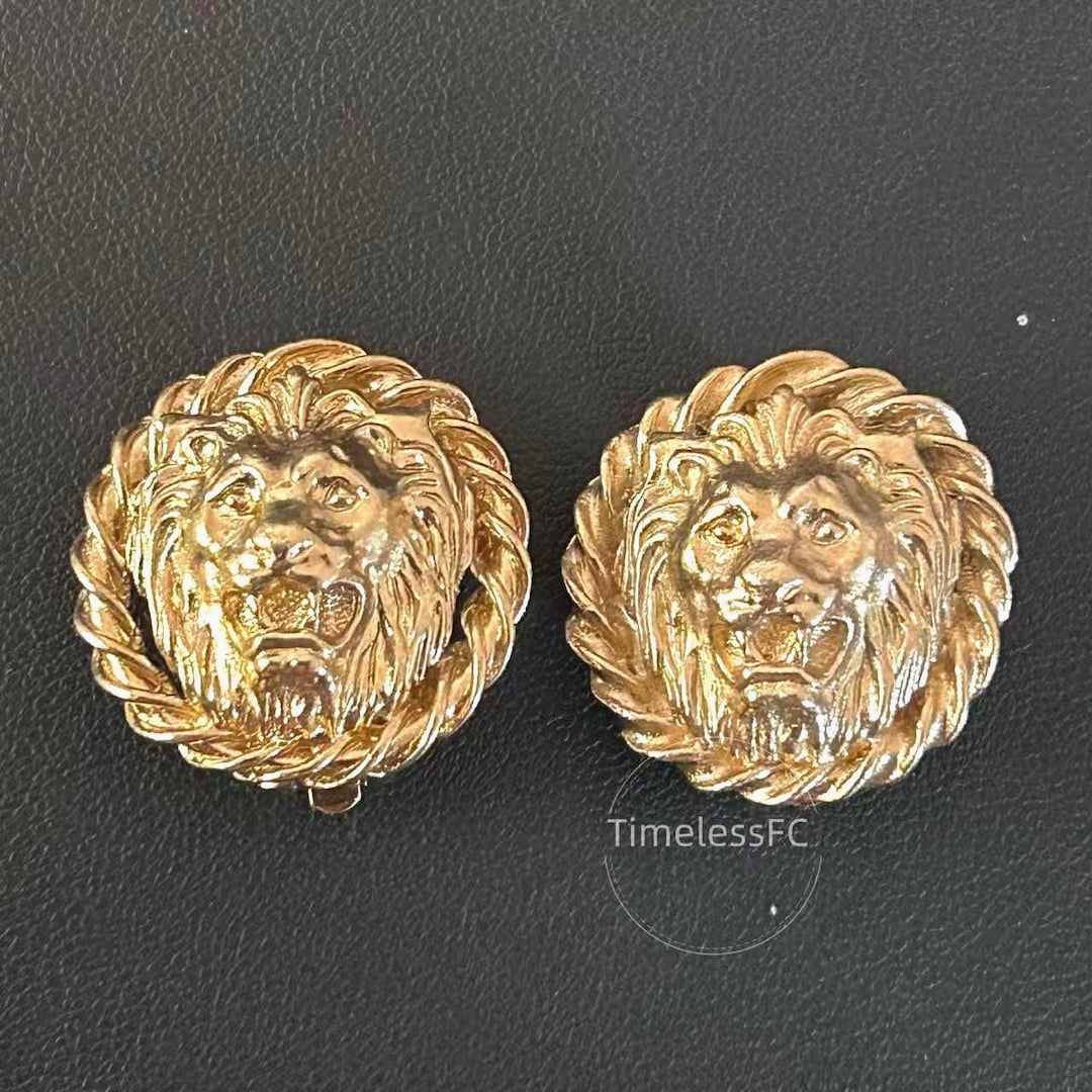 Vintage Jewelry Gold Tone Lion Head Clip on Earrings 80s Statement