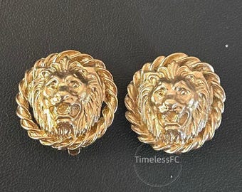 Vintage Jewelry Gold Tone Lion Head Clip On Earrings 80s Statement Medallion