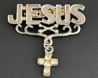 Vintage Jesus Name Brooch Rhinestone Cross Dangle Religious Pin