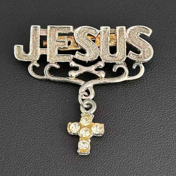 Vintage Jesus Name Brooch Rhinestone Cross Dangle Religious Pin