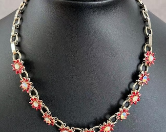 ヴィンテージジュエリー レッドラインストーン フラワーチョーカーネックレス ミッドセンチュリー シルバートーン フローラルステートメント