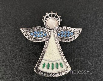 ヴィンテージジュエリー シルバートーン 守護天使ブローチピン ブルーラインストーンの翼とグリッターエナメル