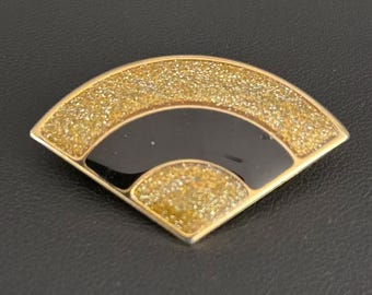 Vintage 1980s Art Deco Fan Pin Black Enamel Gold Glitter Brooch