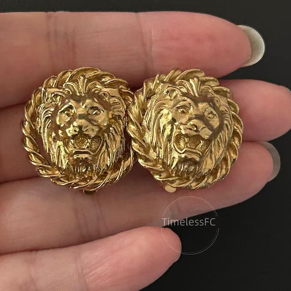 Vintage Jewelry Gold Tone Lion Head Clip on Earrings 80s Statement