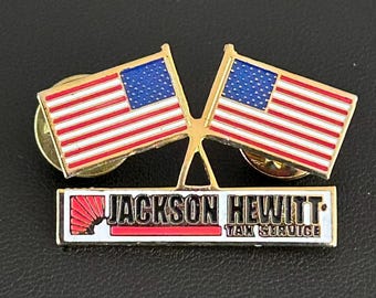 Vintage Jackson Hewitt Tax Service Pin Dual American Flags Badge