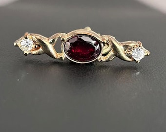 Vintage Faux Ruby Lapel Pin, Gold Tone Rhinestone Tie Tack