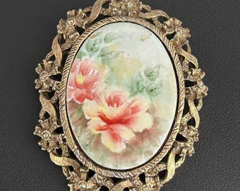 Vintage Hand Painted Porcelain Rose Brooch Pendant Convertible Necklace