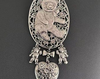 Vintage Silver Tone Teddy Bear Filigree Heart Drop Brooch Pin