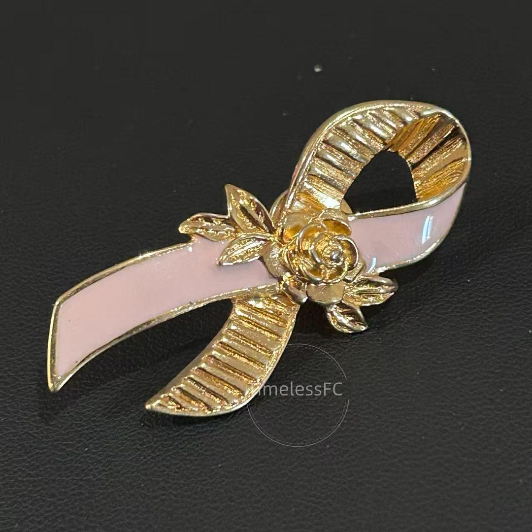 Vintage Jewelry Avon Pink Ribbon Brooch, Gold Tone Rose Pin, Breast ...