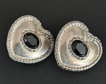 Vintage sieraden zwarte onyx hartclip oorbellen zilverkleurig statement boho-romantisch