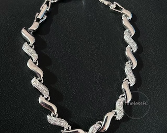 Vintage Jewelry Signed Avon San Marco Silver tone Bracelet | Wavy Link Rhinestone Chain ~8"
