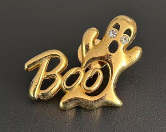 Broche vintage de fantasma alegre con ojos de diamantes de imitación en tono dorado para Halloween