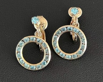 Vintage Jewelry Aqua Blue Rhinestone Circle Drop Earrings, Retro Gold Tone Clip On Studs