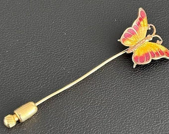 Vintage Gold Tone Enamel Butterfly Stick Pin Yellow Red Brooch
