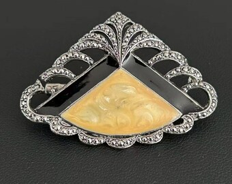 Vintage 1980s Art Deco Fan Pin Black Cream Enamel Brooch