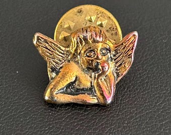 Vintage Raphael Cherub Pin Antiqued Gold Tone Thinking Angel Tie Tack