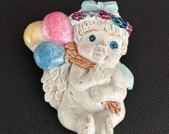Vintage Cherub Angel Balloon Brooch 1990s Plaster Craft Pin
