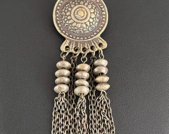 Vintage 1980s Tribal Shield Tassel Brooch Bronze Dangle Chain Pin