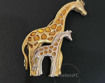 Vintage Schmuck signiert TC Tanya Creations Giraffe Brosche, Mutter und Baby zweifarbige Anstecknadel