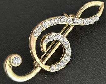 Vintage Treble Clef Brooch, Gold Tone Rhinestone Music G Clef Pin