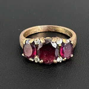 Vintage Jewelry Gold Plated Victorian Ruby Ring Antique Three Stone Garnet Costume Statement Band