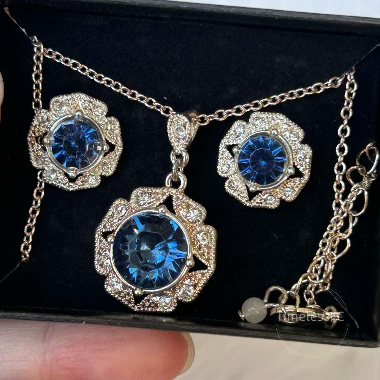 Vintage AVON Colletta Blue Crystal Necklace and Pierced Earrings