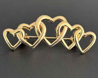 Vintage Gold Tone Interlocking Hearts Brooch Multi Heart Bar Pin