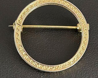 Vintage Greek Key Circle Brooch, Gold Tone Geometric Ring Scarf Pin