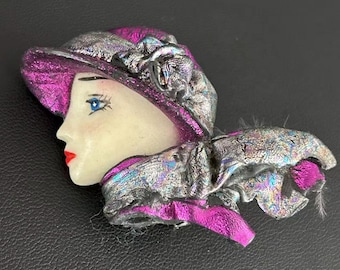 Vintage Art Deco Revival Flapper Lady Brooch Purple Metallic Pin