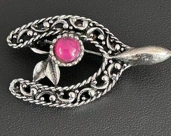 Vintage Silver Tone Wishbone Brooch, Pink Cabochon Good Luck Pin