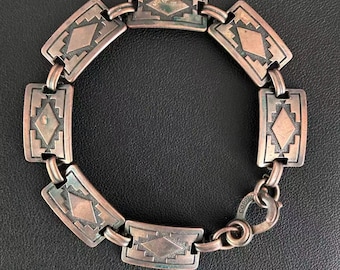 ヴィンテージジュエリー、純銅製、サウスウェスタン風リンクブレスレット、ダイヤモンドの幾何学模様のパネルデザイン刻印入り