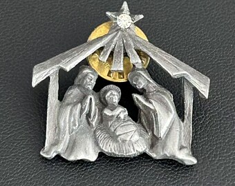 Vintage Pewter Nativity Pin Holy Family Rhinestone Christmas Tack