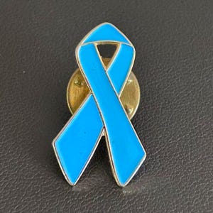 May include: A light blue ribbon pin with a gold-colored backing. The enamel-filled ribbon is a symbol of awareness and support. The pin is a small, wearable accessory.