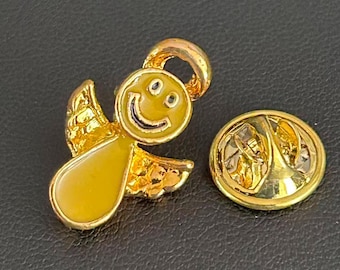 Vintage Smiley Face Angel Pin Yellow Enamel Retro Happy Lapel Tack