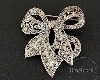Vintage Jewelry Silver Tone Marcasite Bow Brooch, Mid Century Ribbon Pin