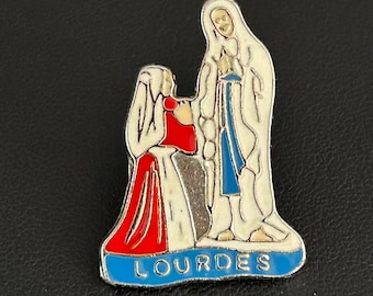 Vintage Our Lady of Lourdes Enamel Pin Catholic St Bernadette Badge