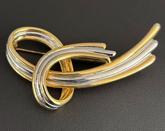 Vintage Two Tone Ribbon Swirl Brooch, Gold Silver Mixed Metal Pin