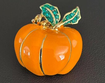 Broche vintage de calabaza esmaltada, color naranja, con diamantes de imitación y forma otoñal.
